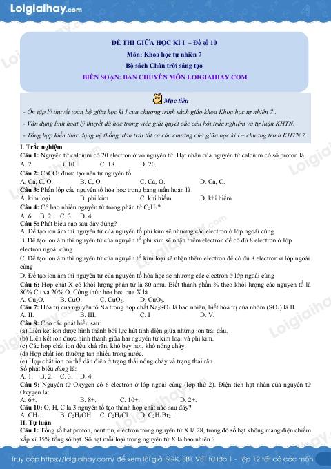 Đề thi giữa kì 1 KHTN 7 Chân trời sáng tạo - Đề số 10